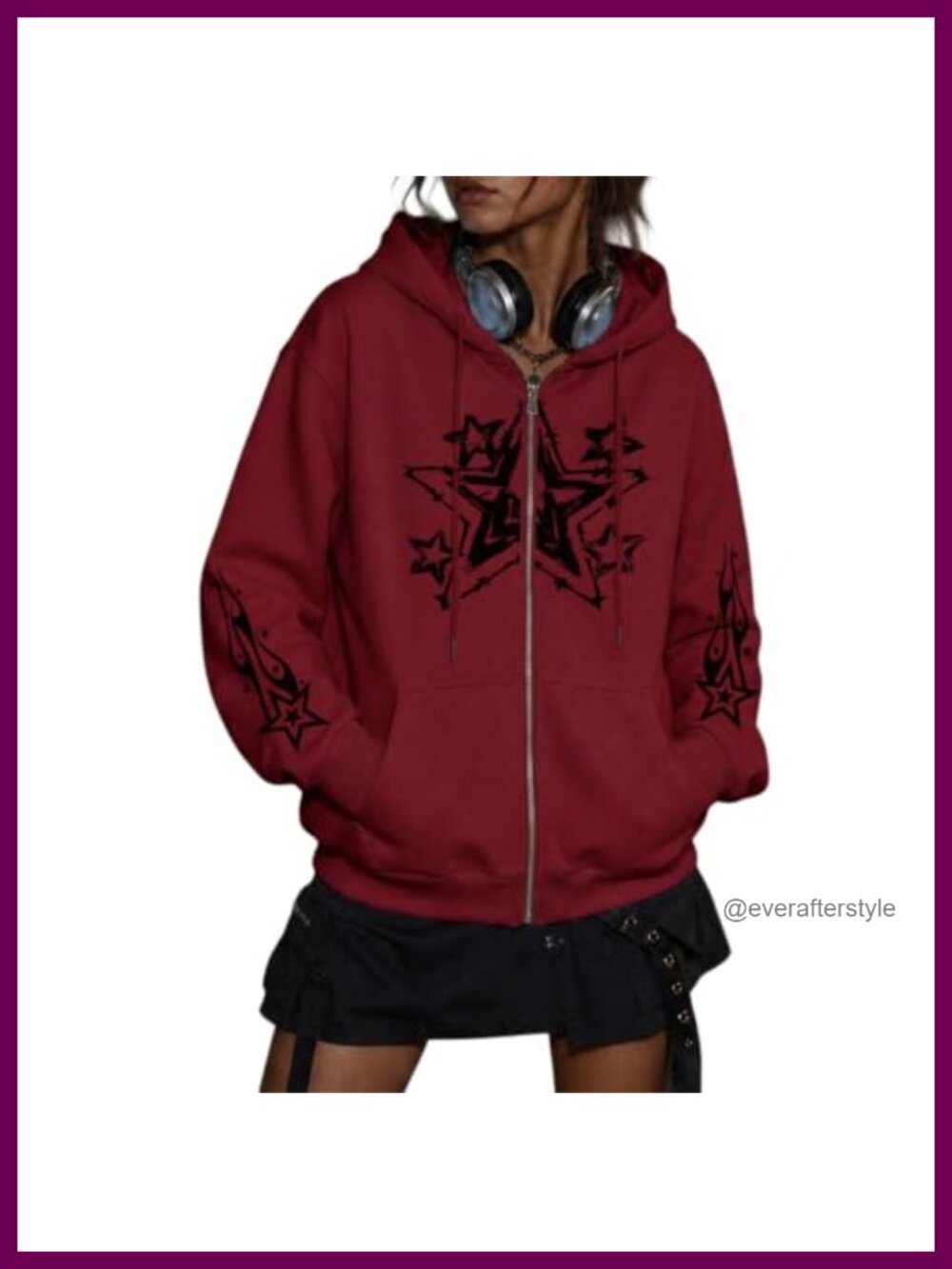 Womens Star Graphic Zip Up Hoodie Y2k Streetwear Oversized Sweatshirt
